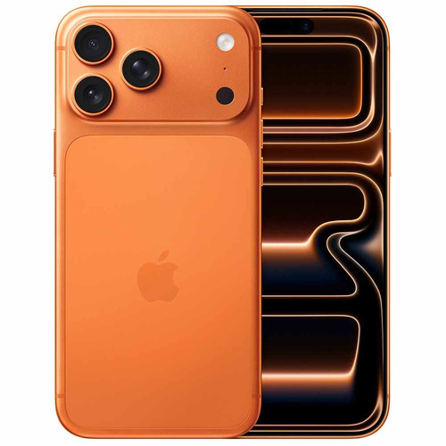 Apple iPhone 17 Pro in Cosmic Orange shown from the front and back