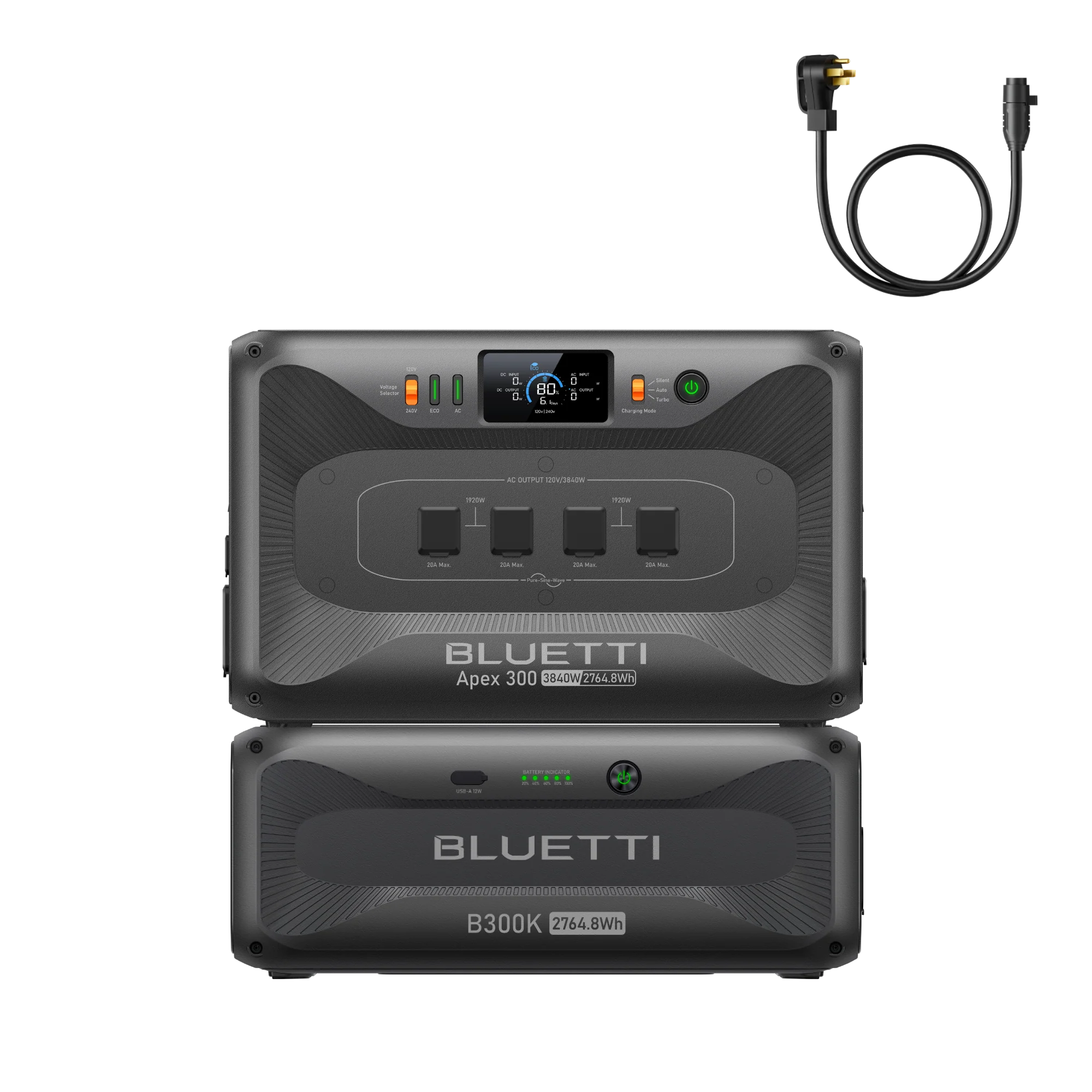 BLUETTI Apex 300 with B300K expansion battery and charging cable