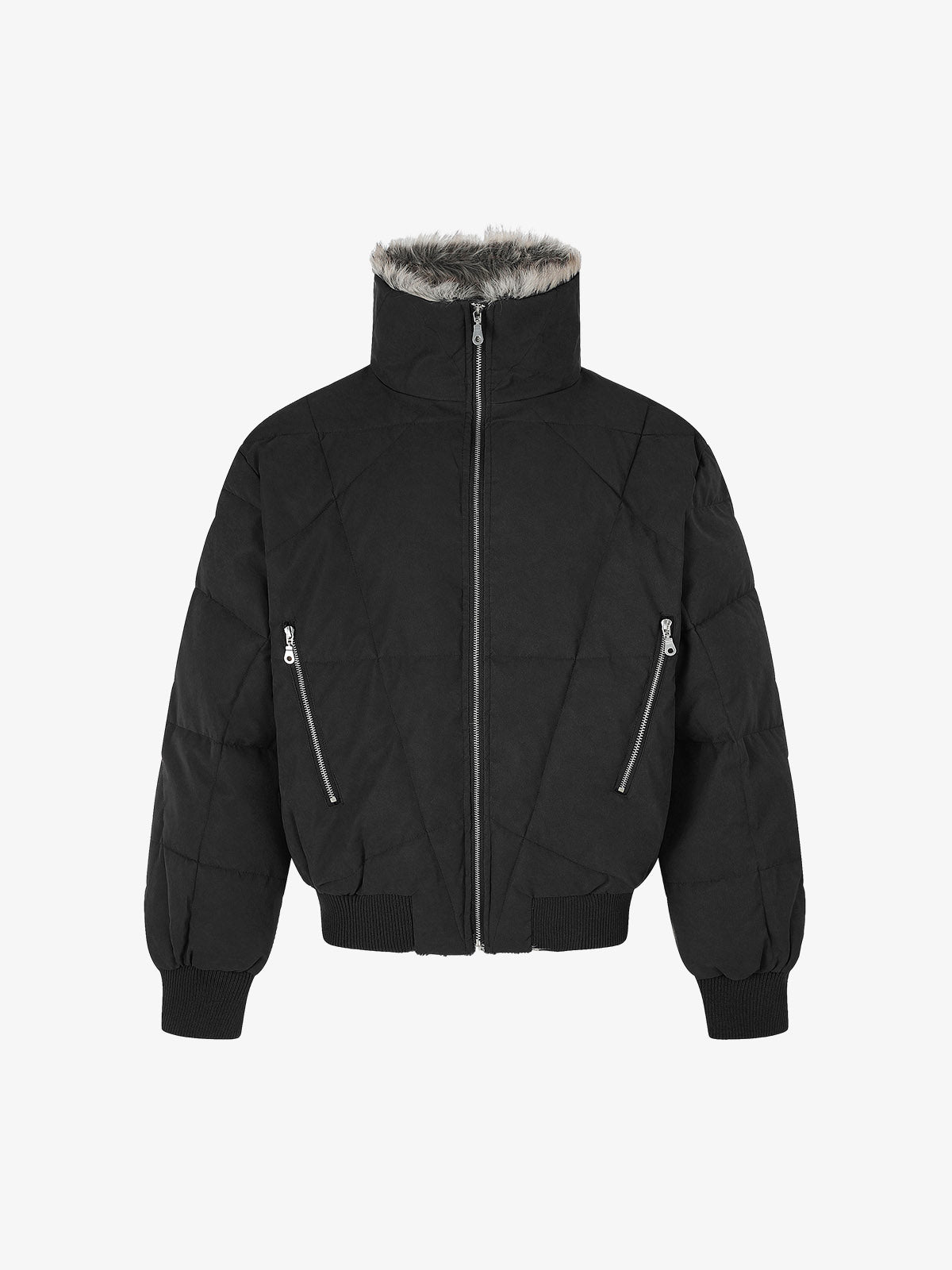 Black quilted puffer coat with faux-fur collar and angled zip pockets