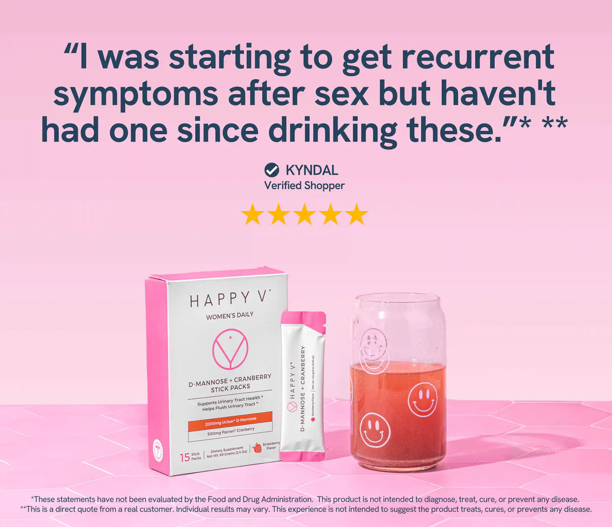 Happy V D-Mannose and cranberry box beside a pink drink