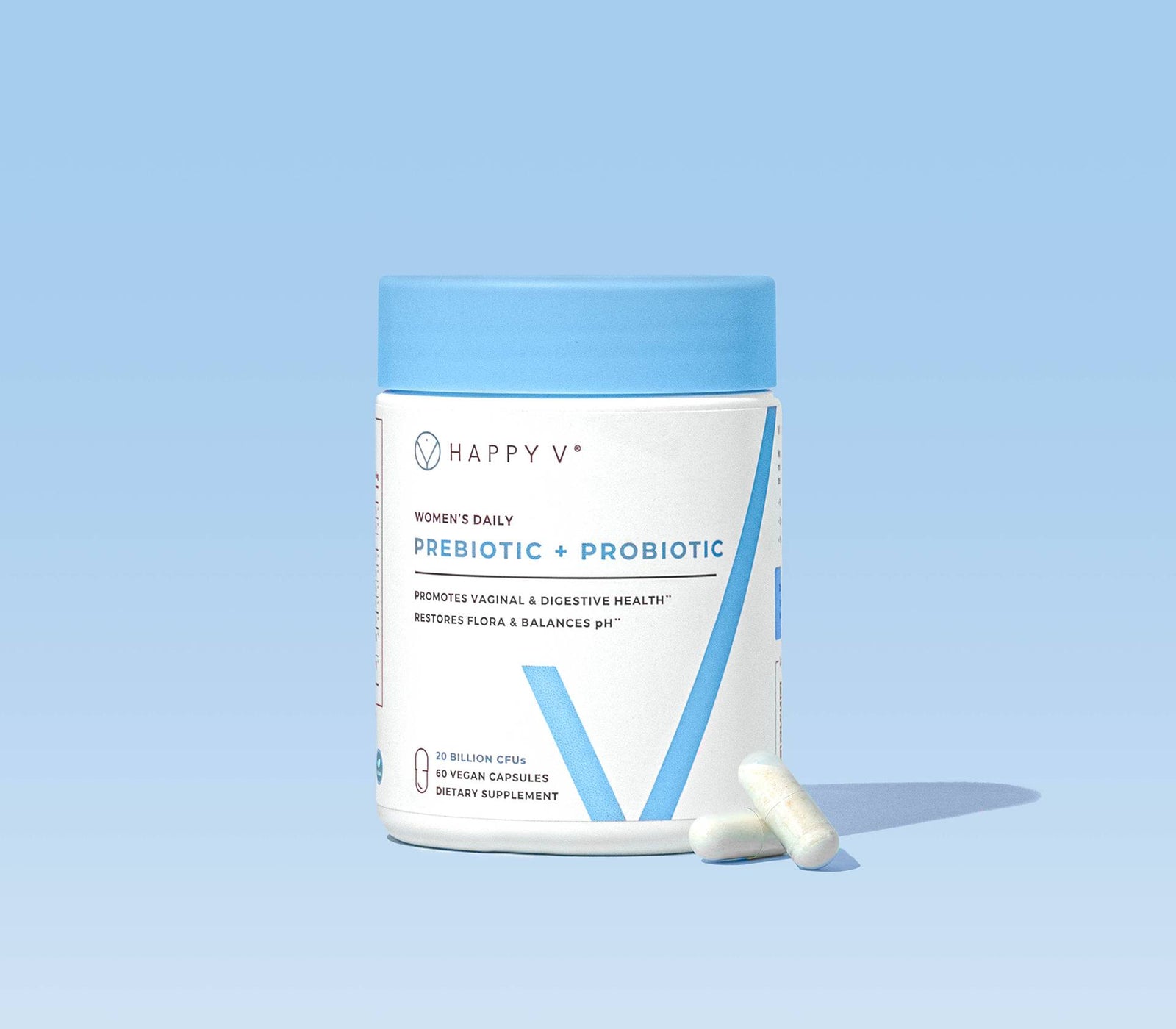 Happy V Prebiotic + Probiotic supplement bottle