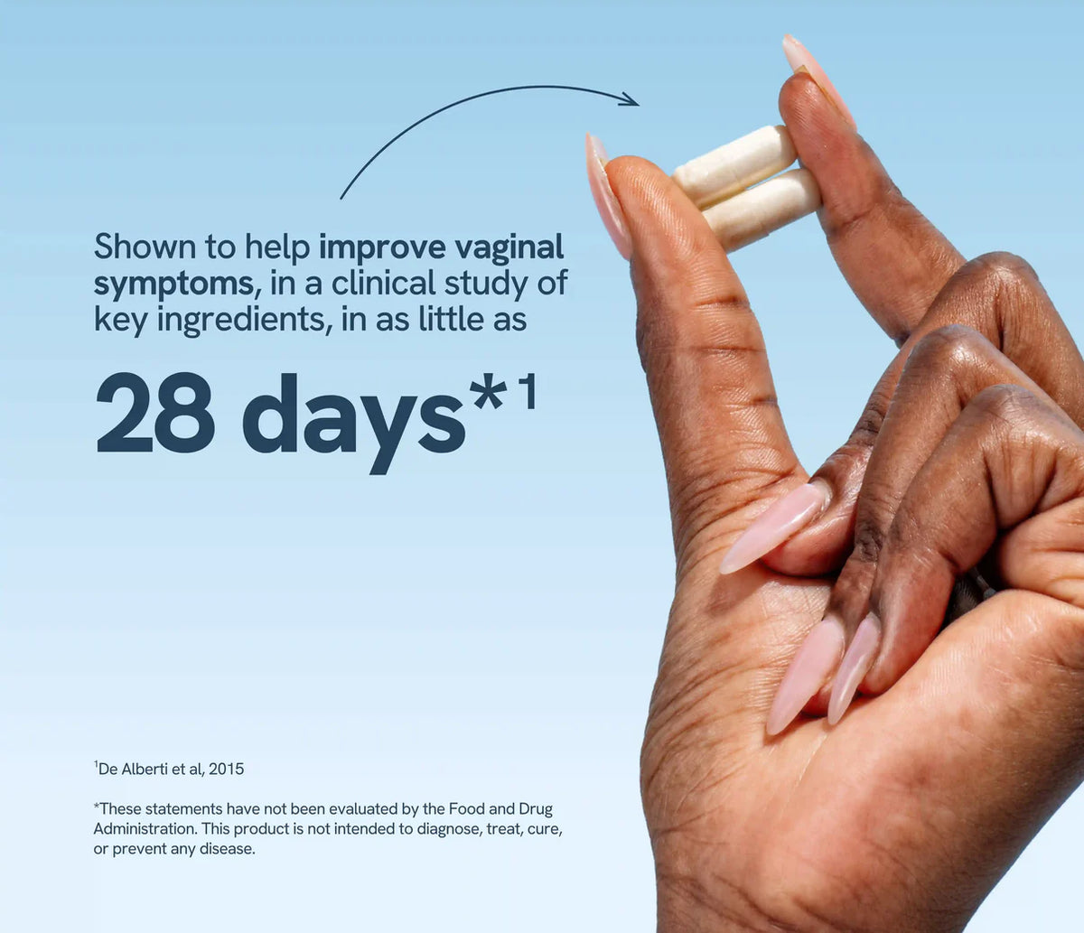 Hands holding Happy V vaginal health supplements against a light blue background