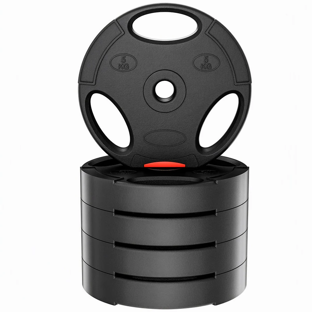 Home Fitness Code standard weight plates arranged beside a barbell