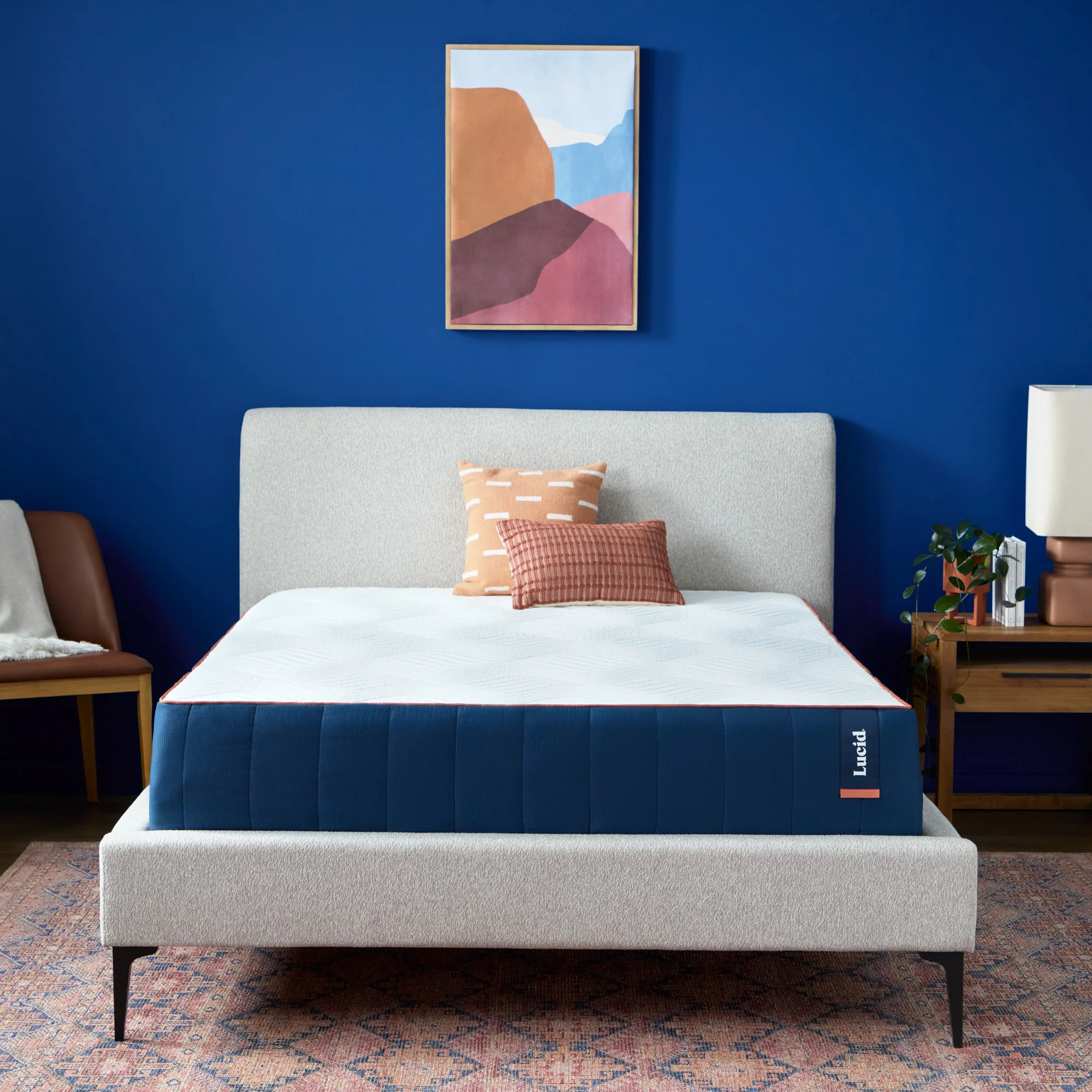 Lucid Blue cooling memory foam mattress shown on a bed frame