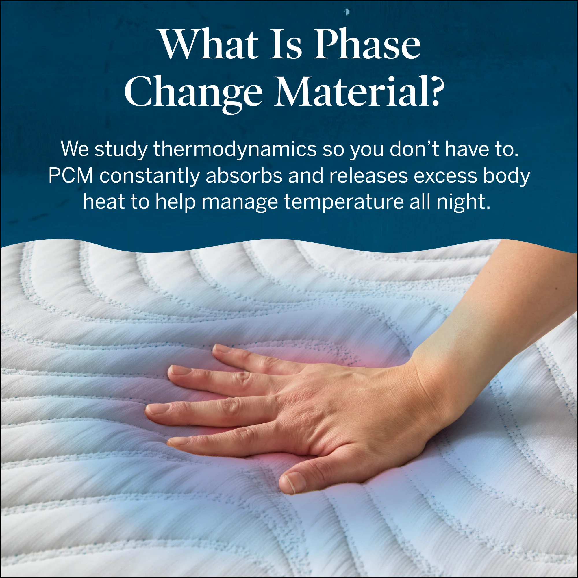 Hand touching the Lucid Blue mattress cover to illustrate phase change material