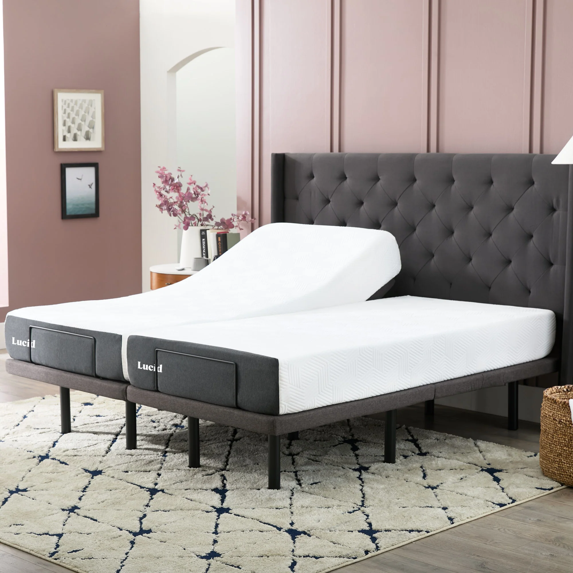 L300 adjustable bed frame shown with head and foot raised