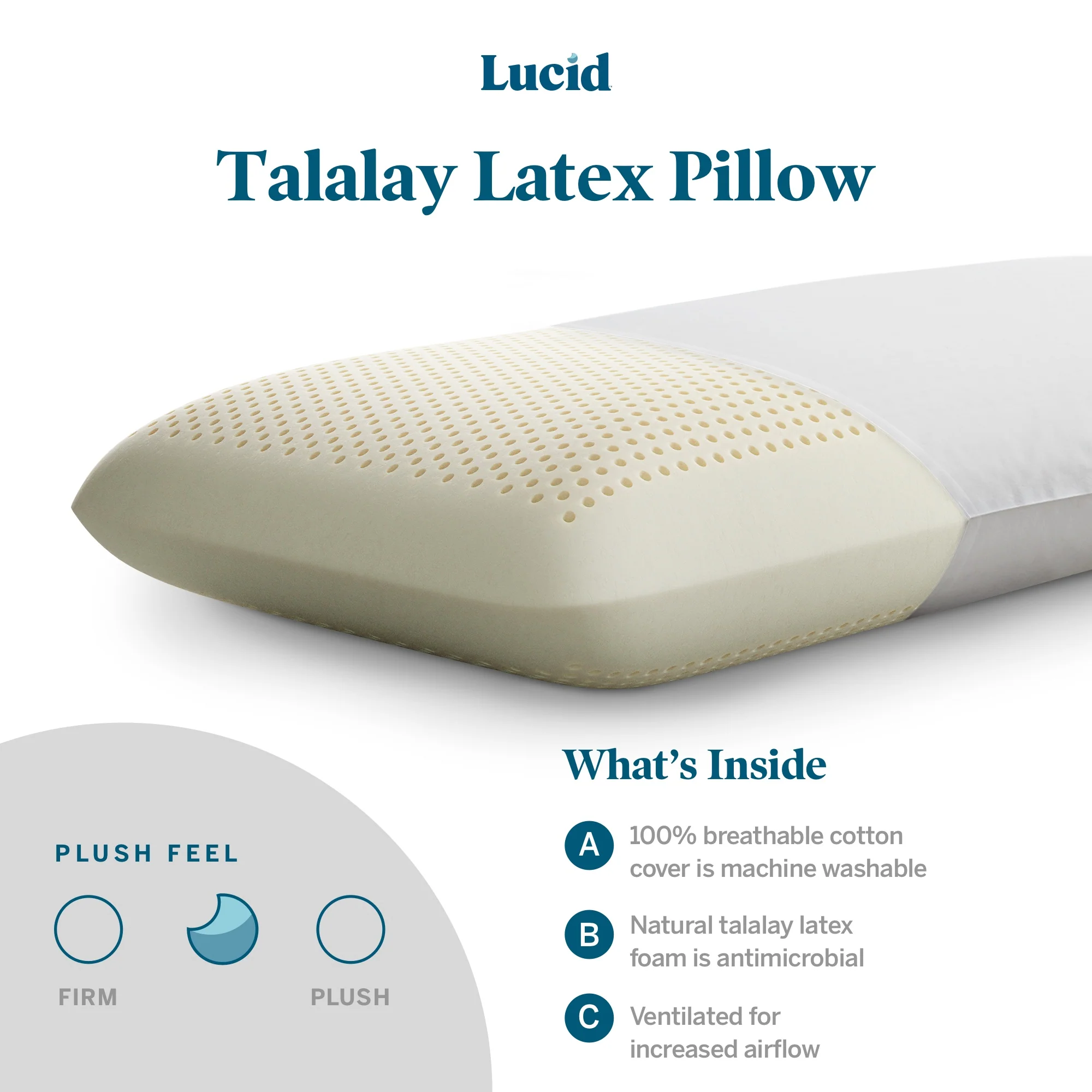 Lucid Talalay Latex Foam Pillow with ventilated latex core