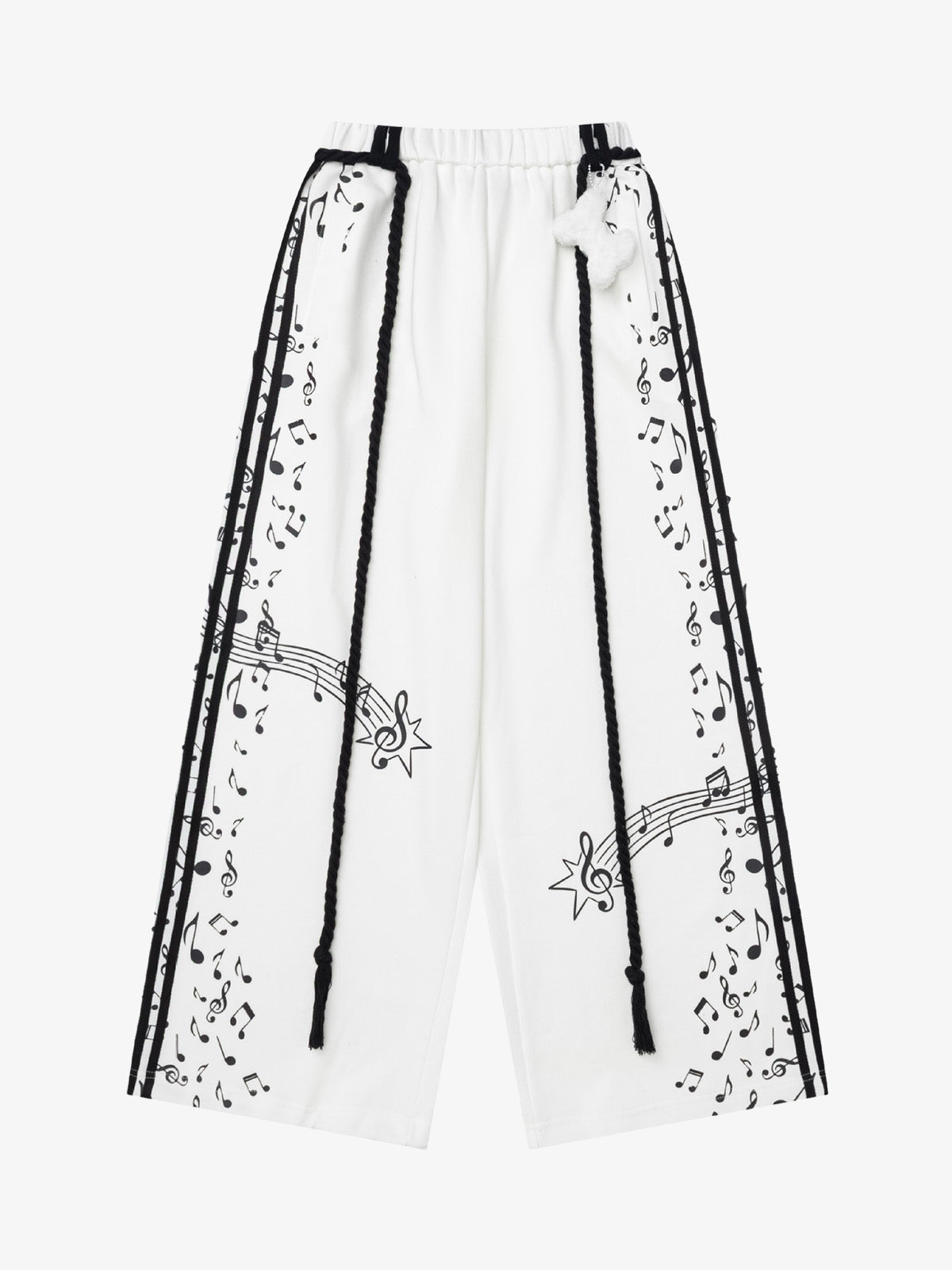 White wide-leg sweatpants printed with black music notes