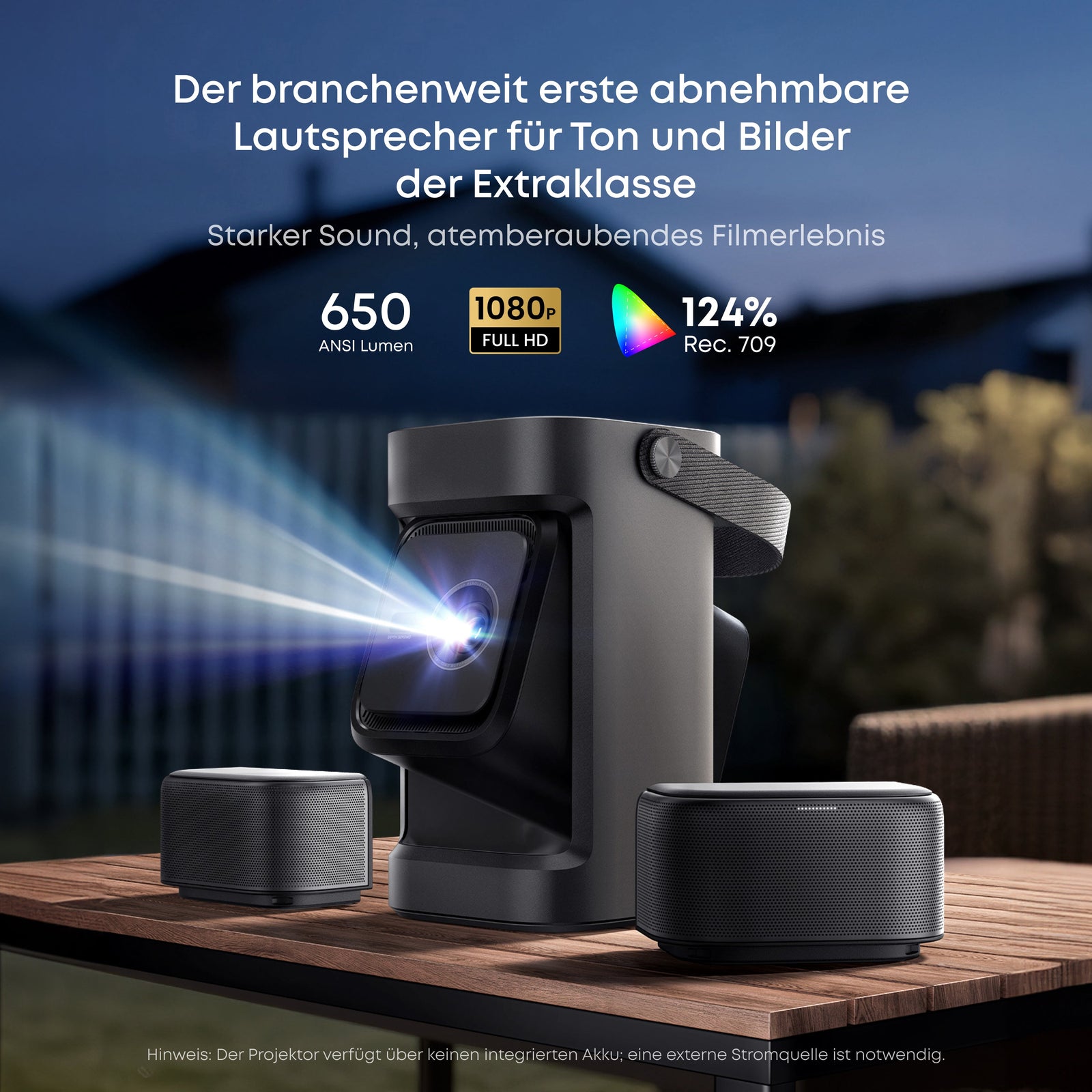 Nebula P1 Projektor vor einer Outdoor-Landschaft