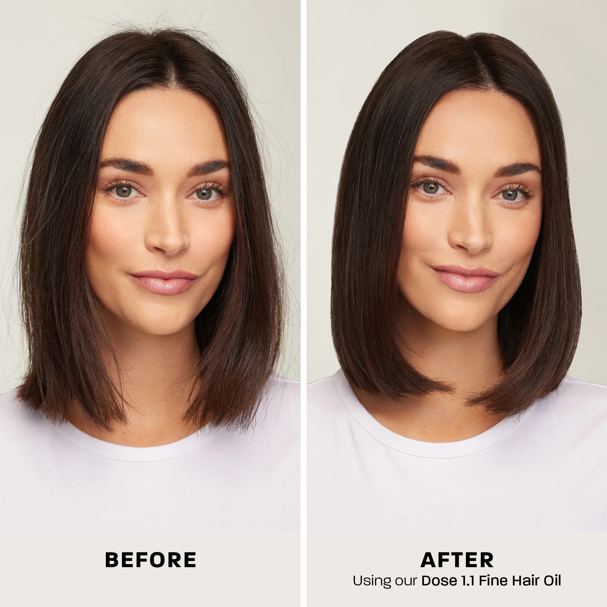 Dose 1.1 Fine Hair Oil shown in a before-and-after hair campaign