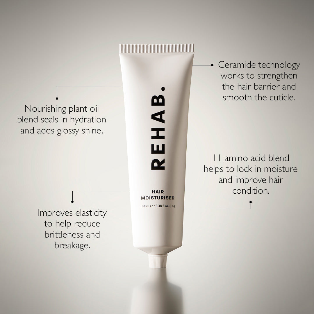 REHAB Hair Moisturiser tube with ingredient callouts on the product image