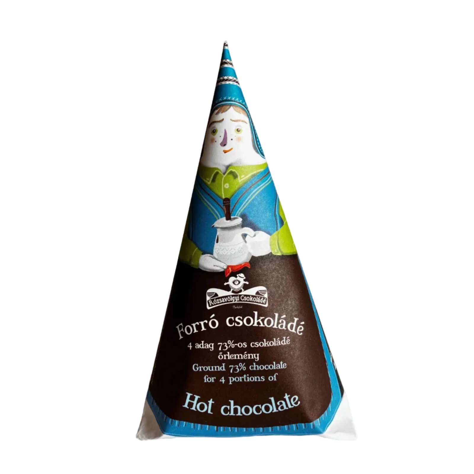 Cone-shaped package of Rózsavölgyi Csokoládé drinking chocolate