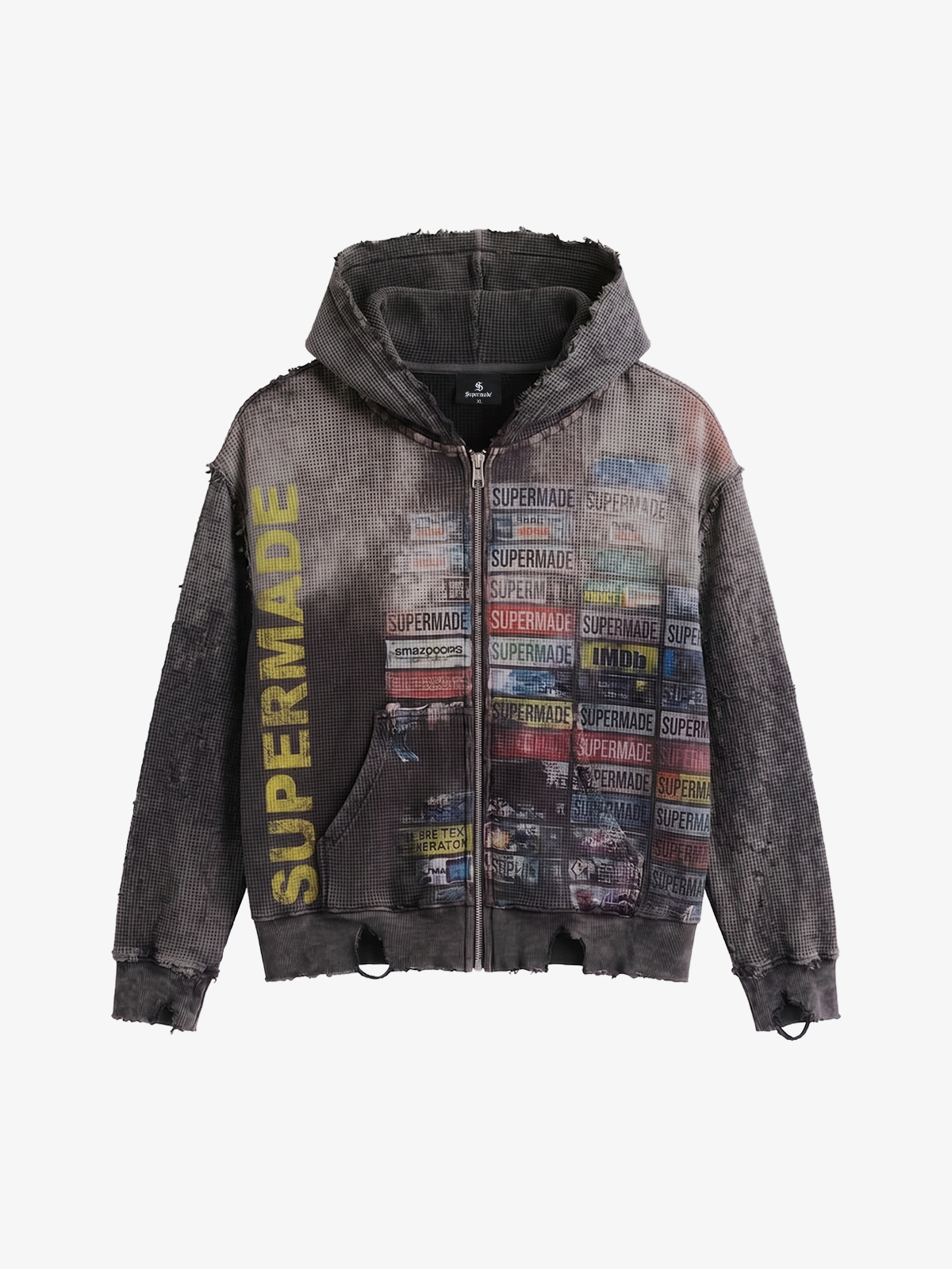 Thesupermade Inc Distressed Multi-Label Zip-Up Hoodie in dark gray