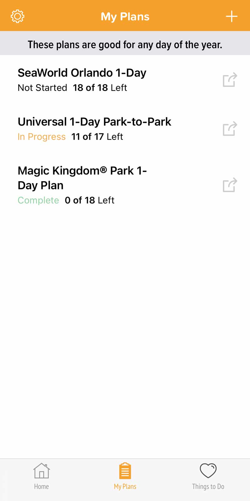 My Plans screen in the Undercover Tourist planning app