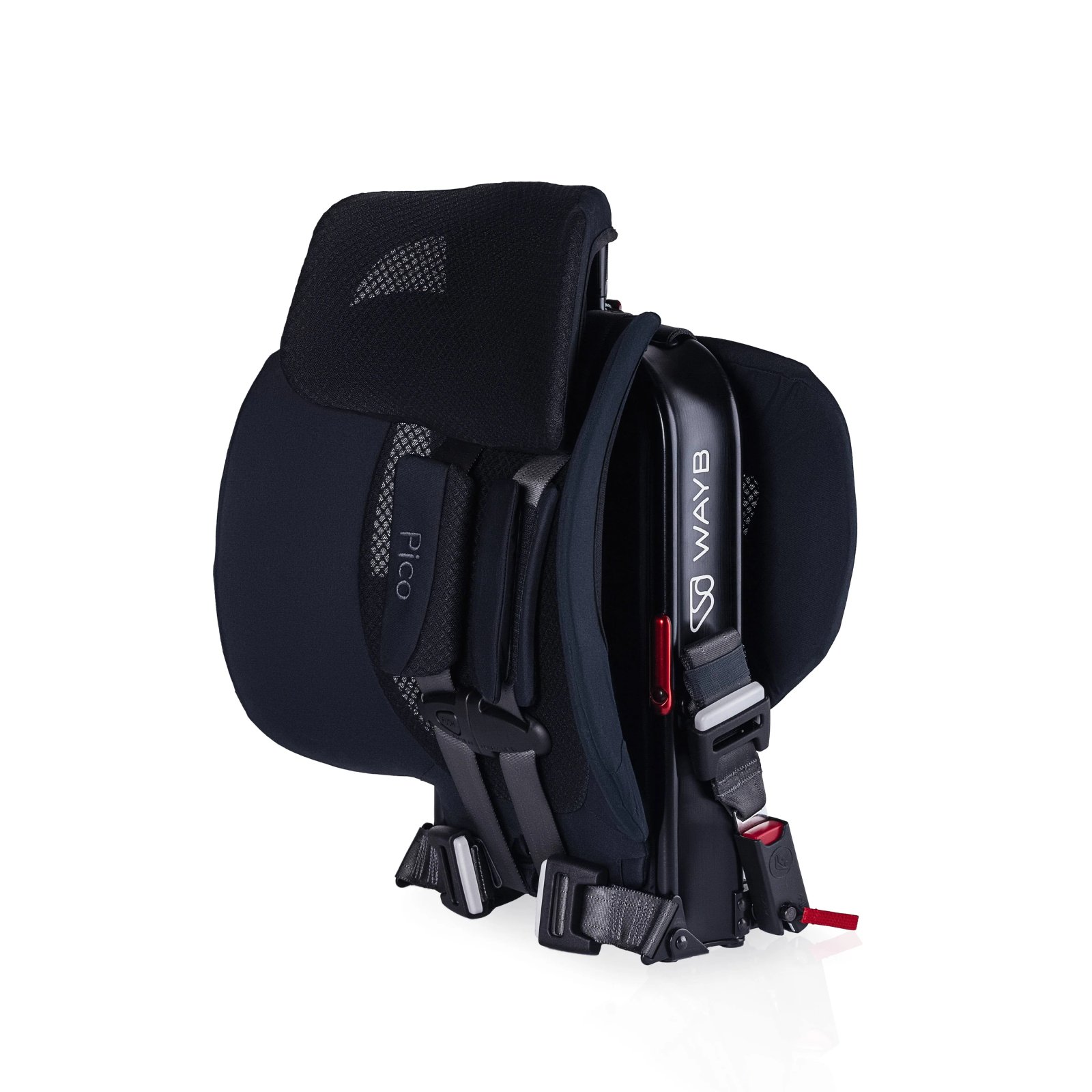 Folded WAYB Pico portable car seat in Jet