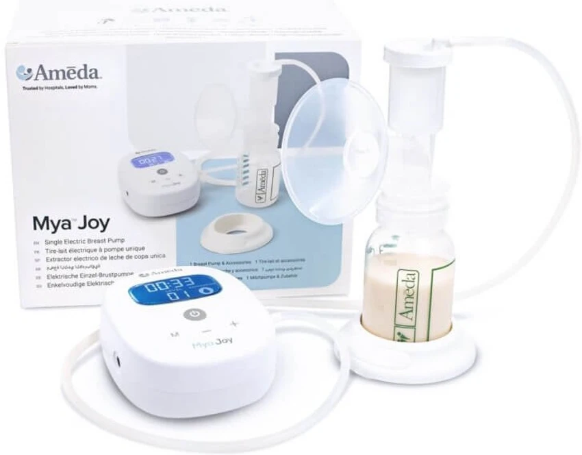 Ameda Mya Joy electric pump with its tubing and collection bottle